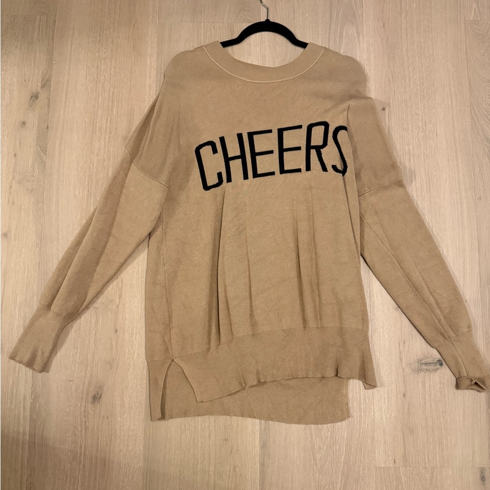 Tan Sweater with 'CHEERS' Print